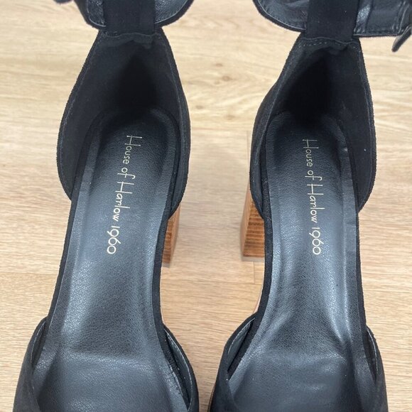 House of Harlow Tanner Platform Block Heels Size 9.5 Black Suede Wood Chunky EUC - Picture 8 of 14